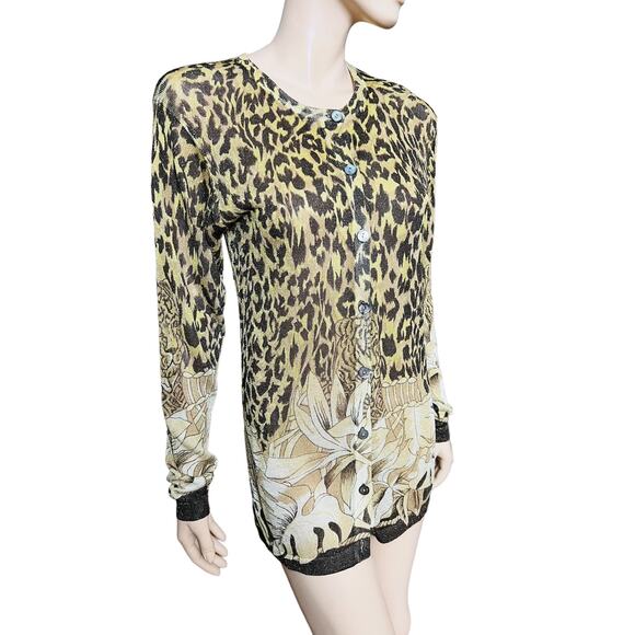 Vintage XXist Animal Print Cardigan Sweater Size S Long Sleeves Shell Buttons - Picture 4 of 16